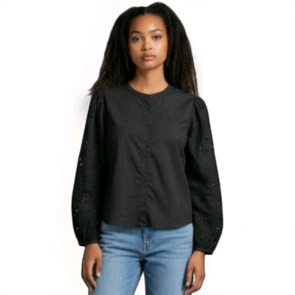 J.Crew Eyelet Button-Up Blouse Black Cotton Long Sleeve Women Top XS - Picture 2 of 9